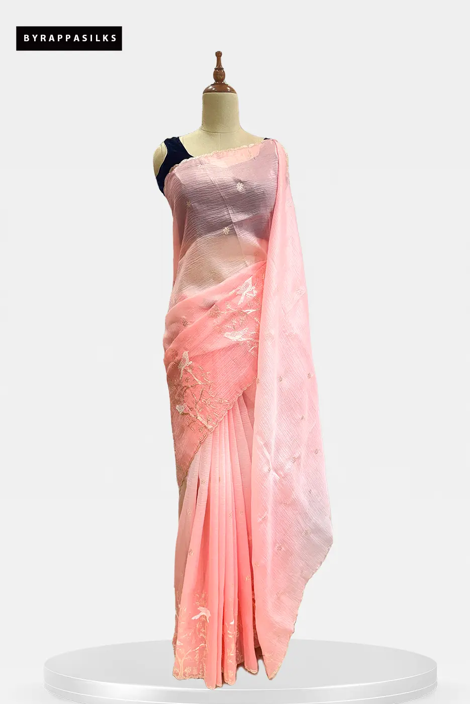 Crushed Organza Blush Pink Saree Floral Bird Design QS287858