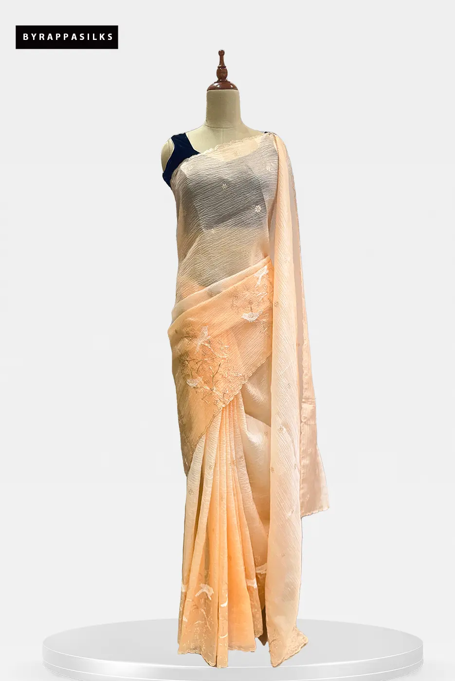 Crushed Organza Peach Saree Floral Bird Design QS287858