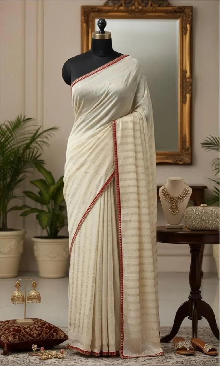 Fancy Elegant White & Gold Striped Saree with Contrast Red Border QS289951