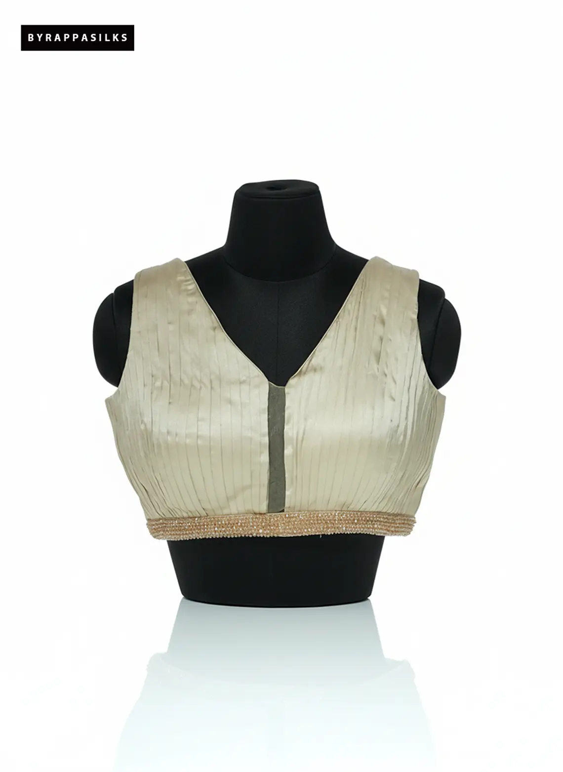 Champagne Gold Pleated V-Neck Designer Blouse With Pearl-Bead Trim QS290230