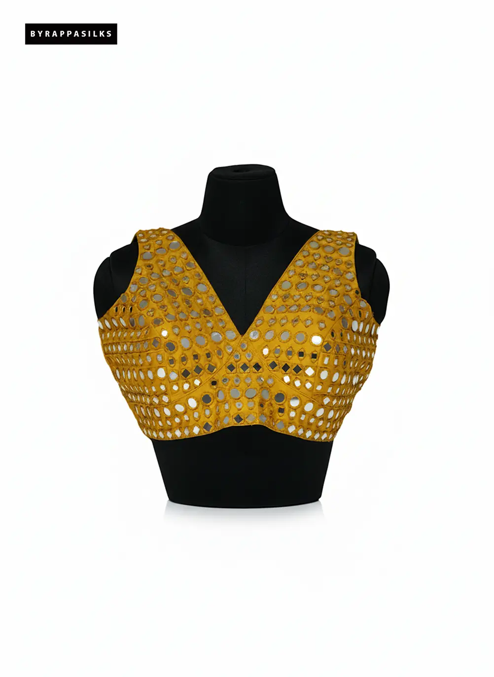 Mustard Yellow Hand-Embellished Mirror Work V-Neck Blouse QS290246