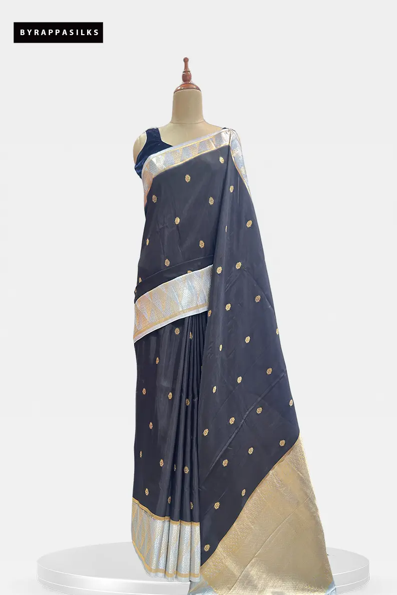 Semi Tussar Saree With Gold & Silver Zari Work Border Black Colour QS316856