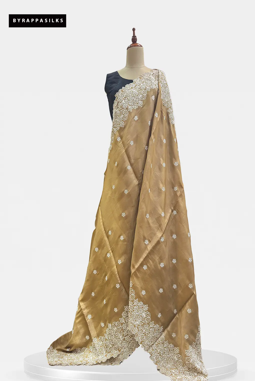 Semi Tussar Saree With White Floral Embroidery Golden Brown QS315303