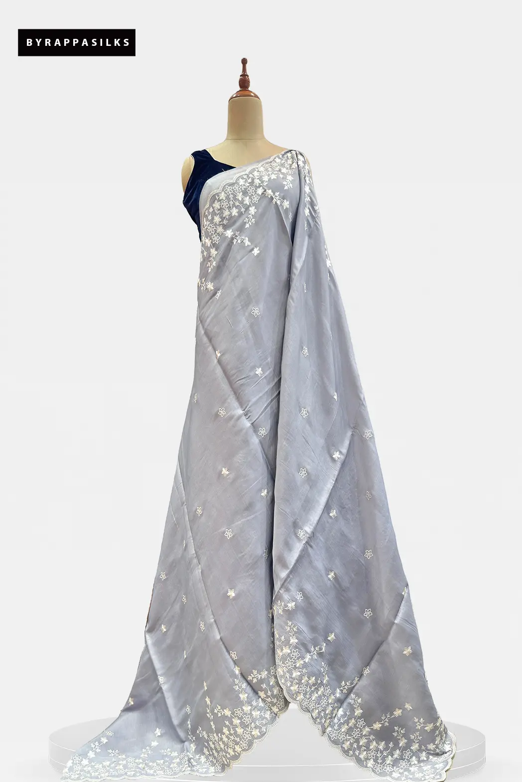 Semi Tussar Saree With White Floral Embroidery Work Grey QS315321