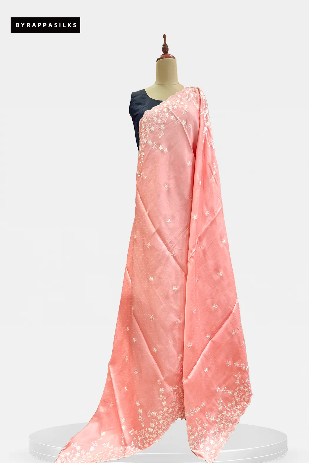 Semi Tussar Saree With White Floral Embroidery Work Baby Pink