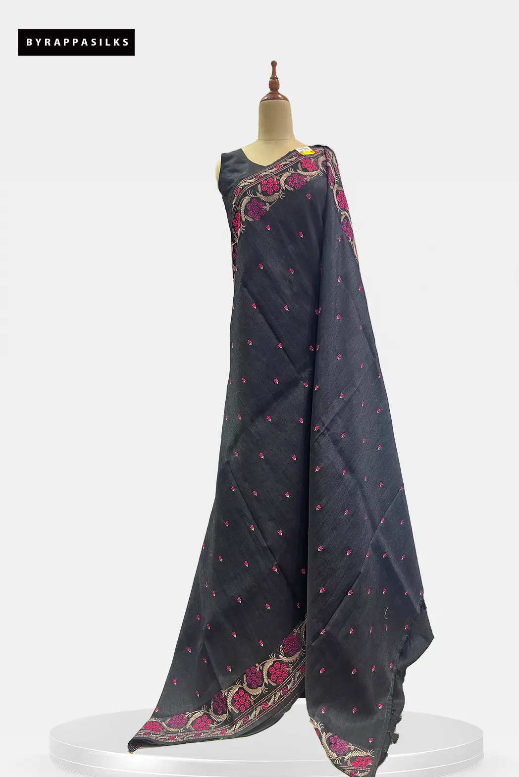 Semi Tussar Saree Floral Buttis Black QS318852