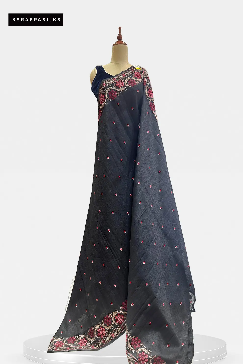 Semi Tussar Saree Floral Buttis Black QS318852