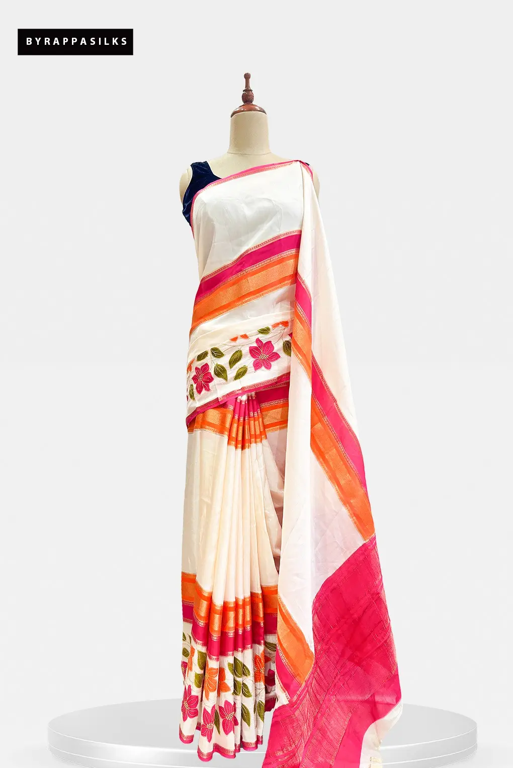 Crape Saree Floral Applique Border White QS318843
