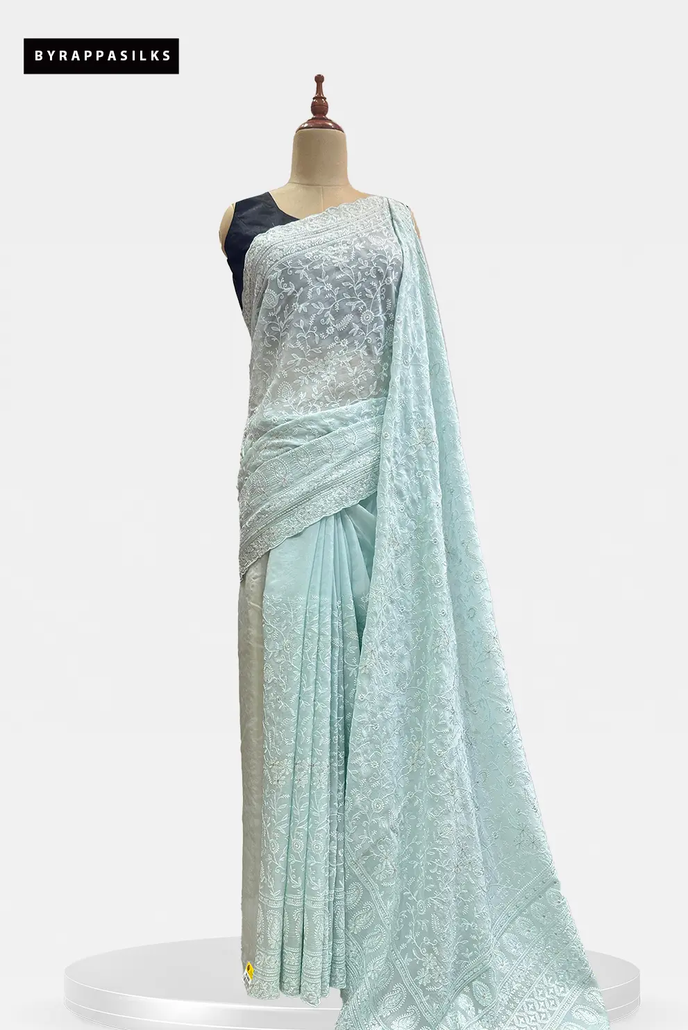 Pure Organza Chikankari Floral Embroidery Ice Blue