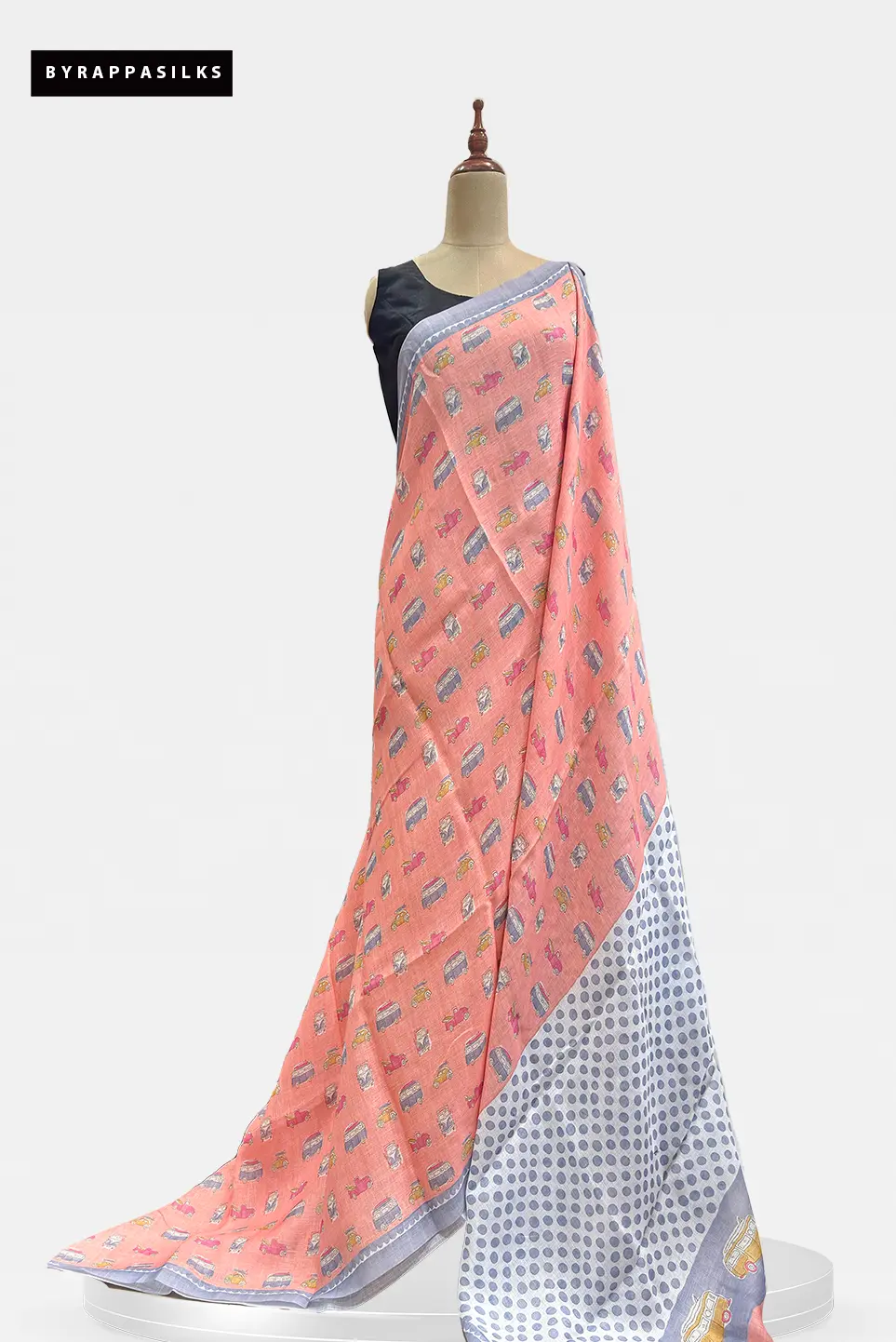 Linen Cotton Saree Quirky Car Print Peach QS311939