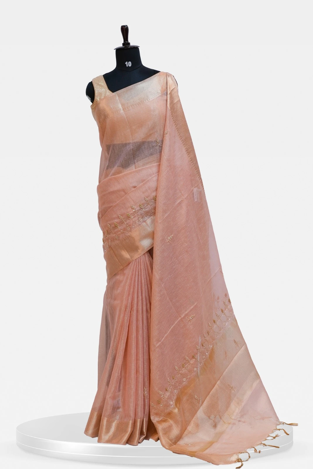 Fancy Peach Pink Linen Silk Saree with Golden Zari Border QS239312