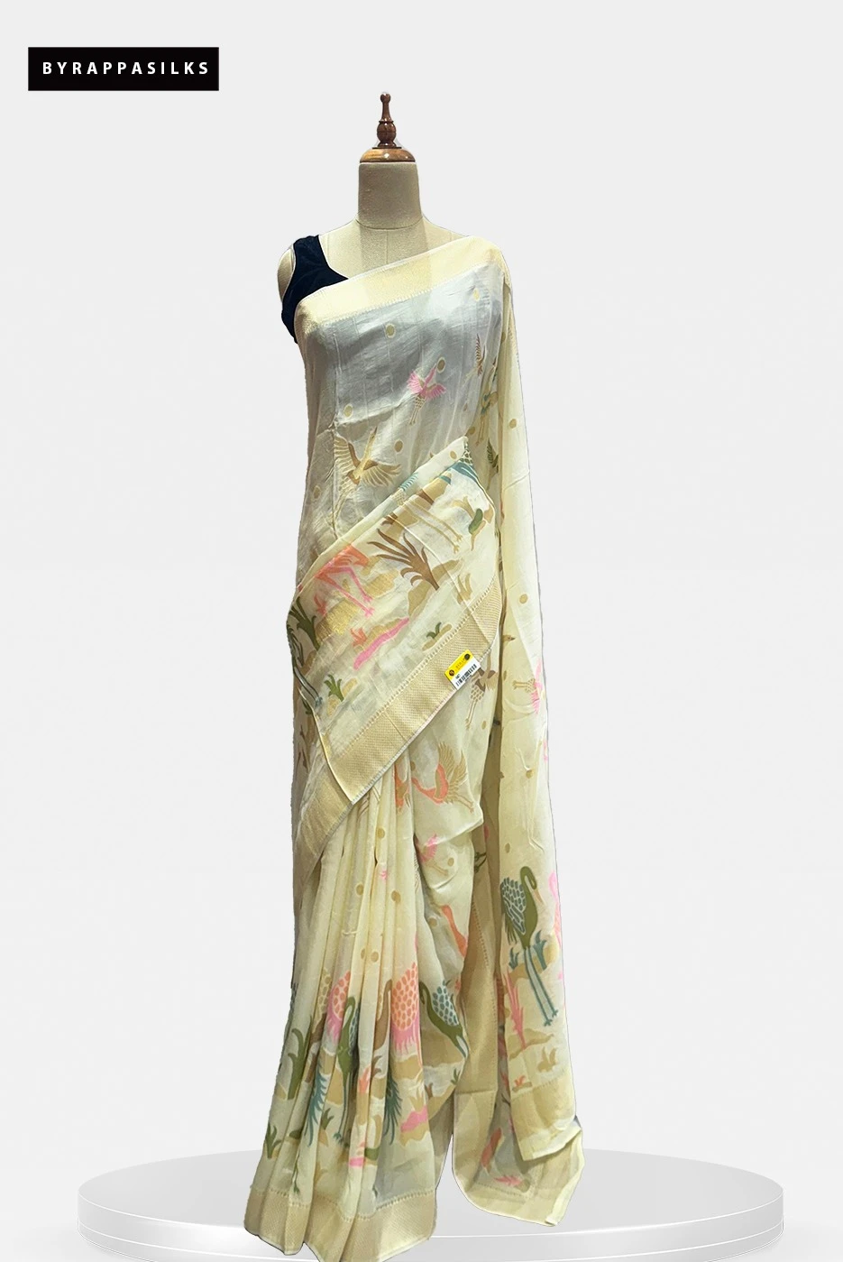 Tussar Saree With Meenakari Work Cream Saree with Bird Design QS287706