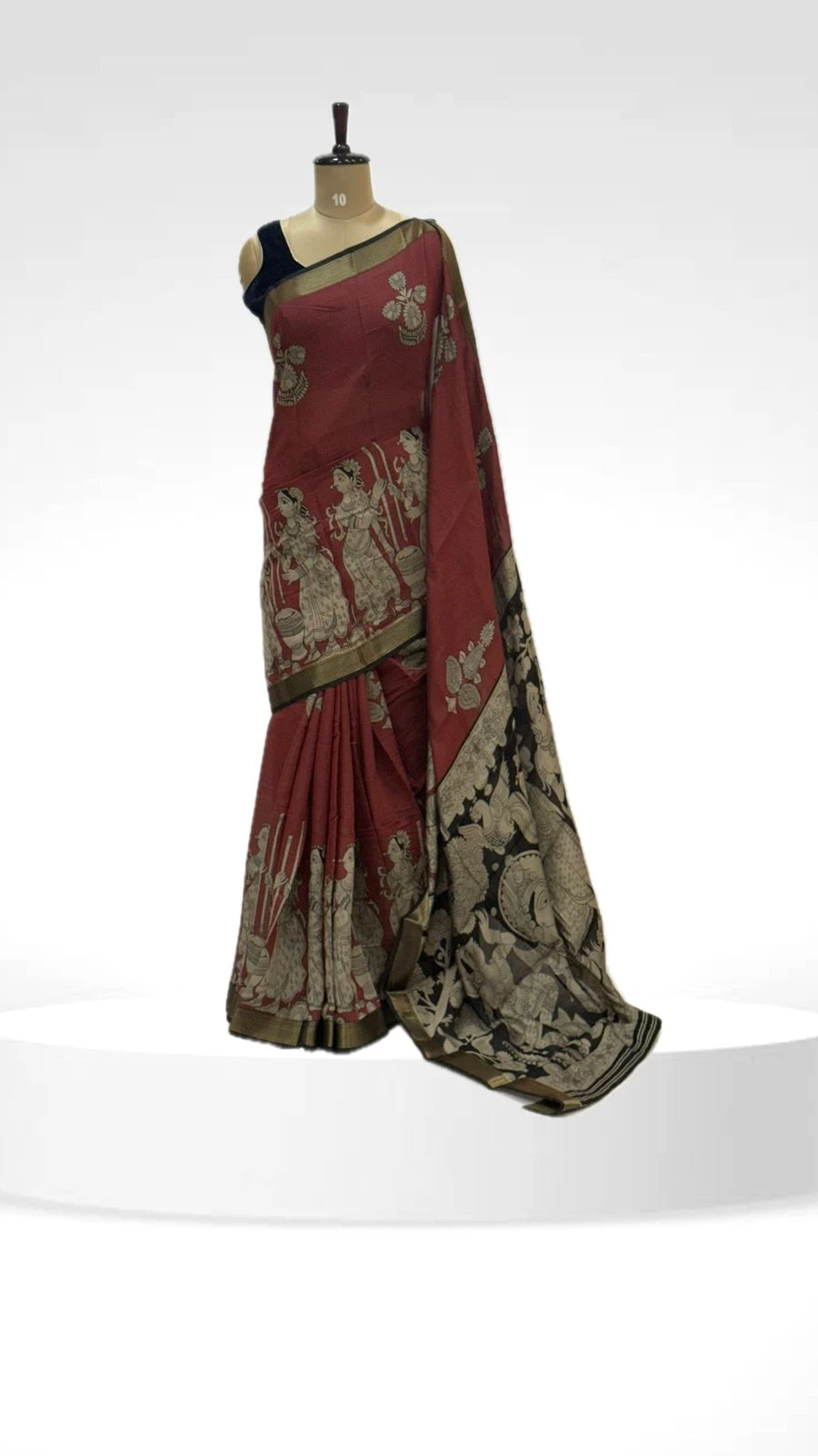 Kalamkari Red Silk Saree with Traditional Mythological Motifs QS249255