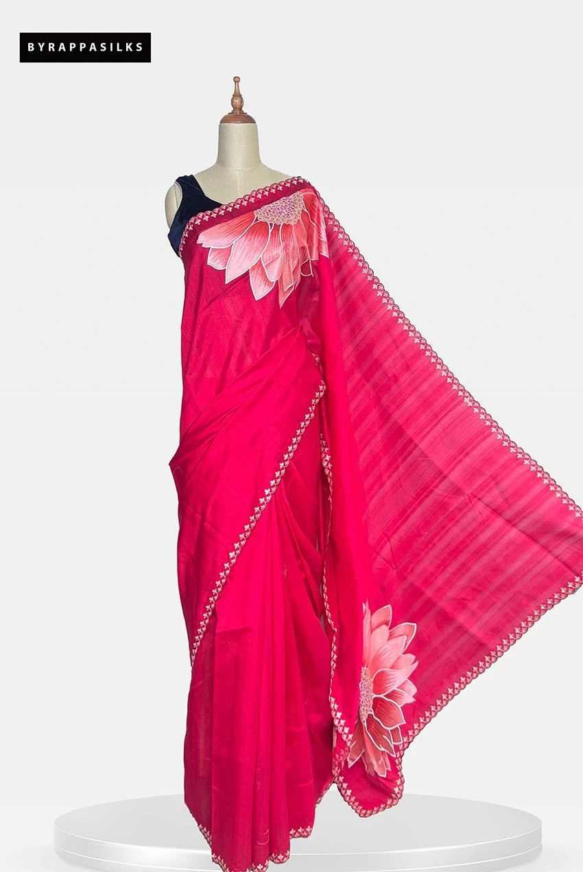 Semi Tussar Saree With Lotus Print Pink Colour QS286173