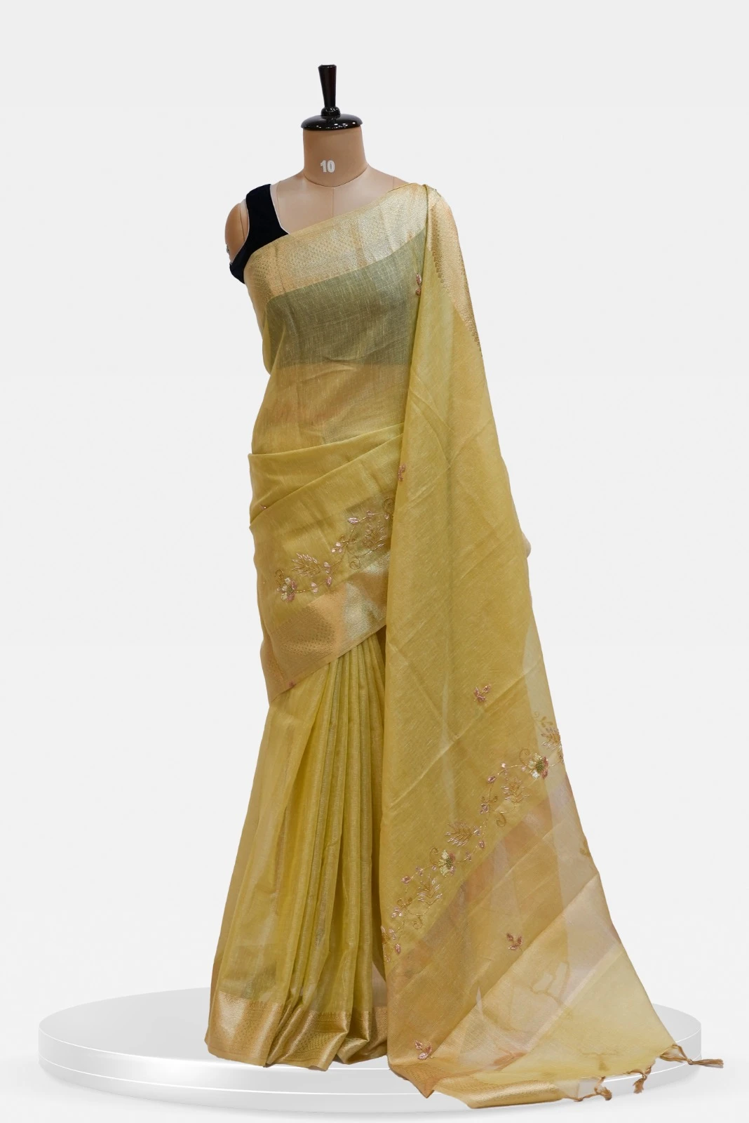 Fancy Light Olive Green Linen Silk Saree with Floral Embroidery QS239312