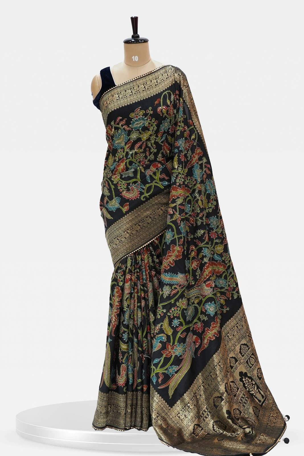 Fancy Black Saree with Golden Zari & Multicolor Floral Bird Design QS242277