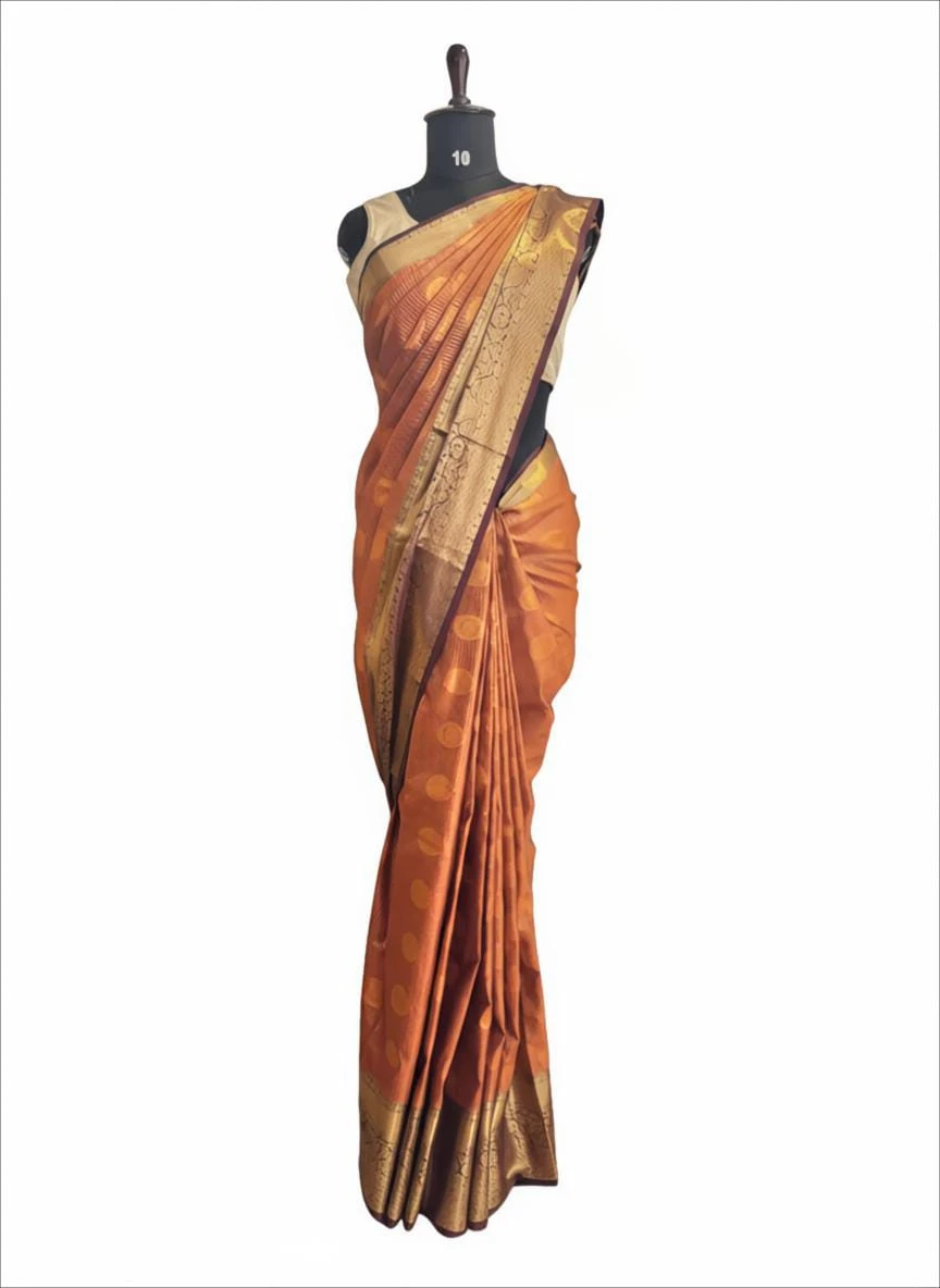 Semi Kanjeevaram Rust Orange Traditional Silk Saree QS263039