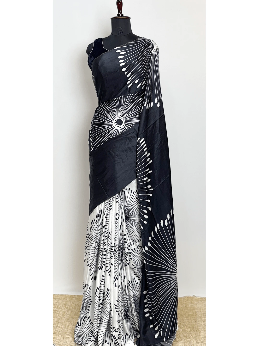 Satin Printed Aditya Birla Fabric - White & Black Colour - QS213587