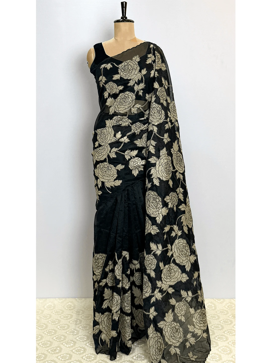 Organza Saree With Golden Aplic Work - Black Colour - QS219538