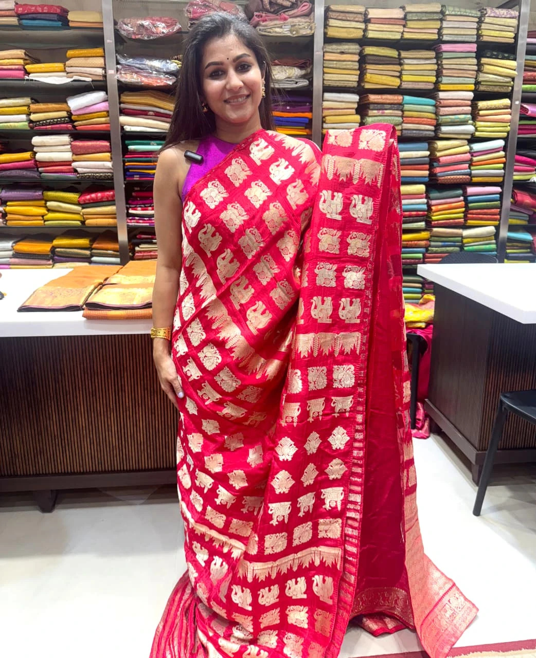 Russian Viscose Saree Red with Golden Zari Elephant QS243136