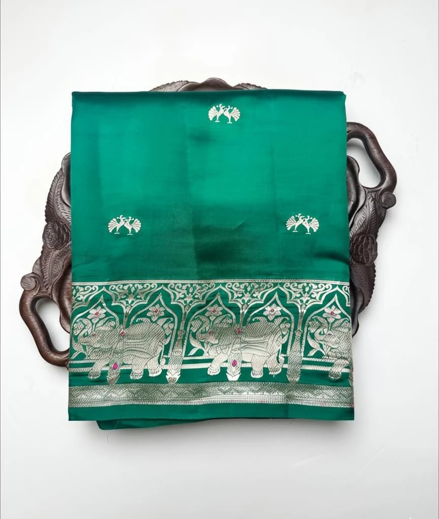 Puna Banarasi Elegant Dark Green Silk Saree with Elephant Zari Border QS242328