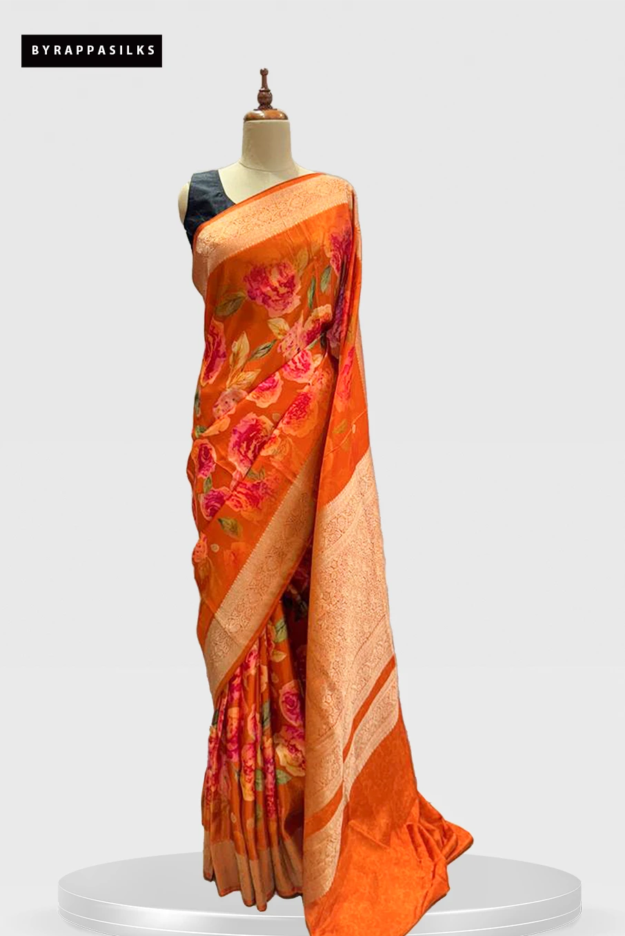 Printed Saree with Zari Pallu Orange QS289835