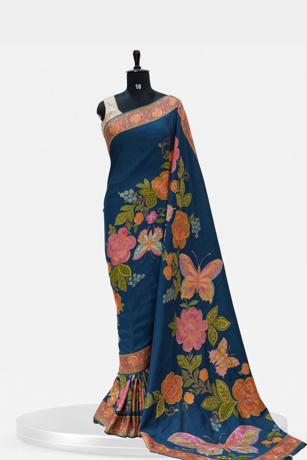 Pashmina Butterfly Motif Banarasi Blue Floral Print Silk Saree QS242264
