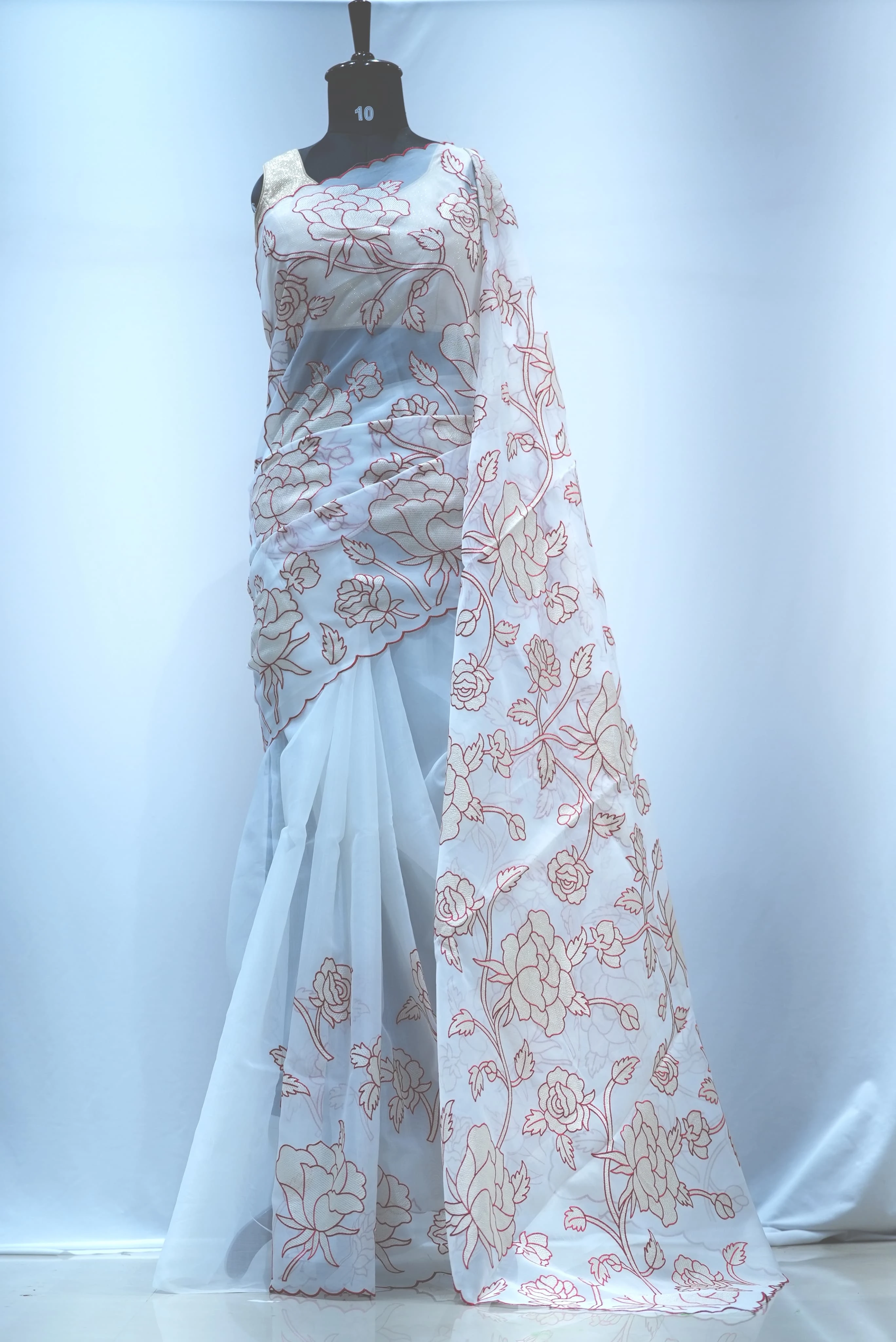 Semi Organza Aplic white Red Saree QS254442