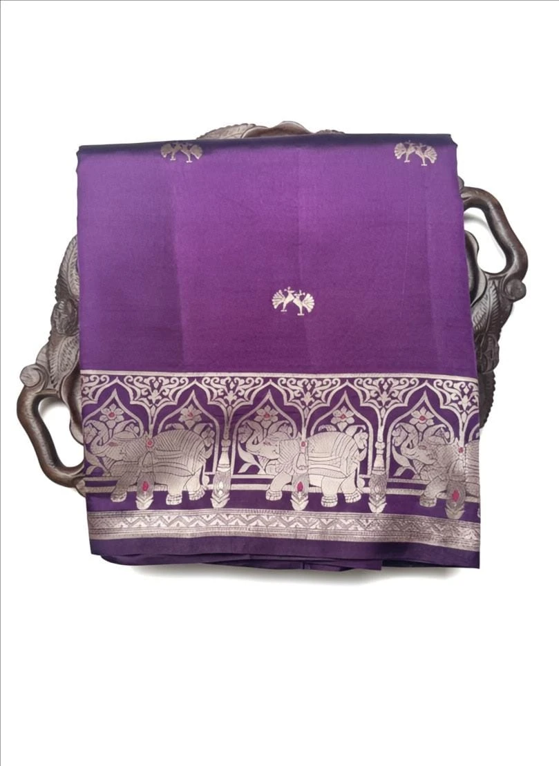 Puna Banarasi Purple Silk Saree with Elephant Zari Border QS249835
