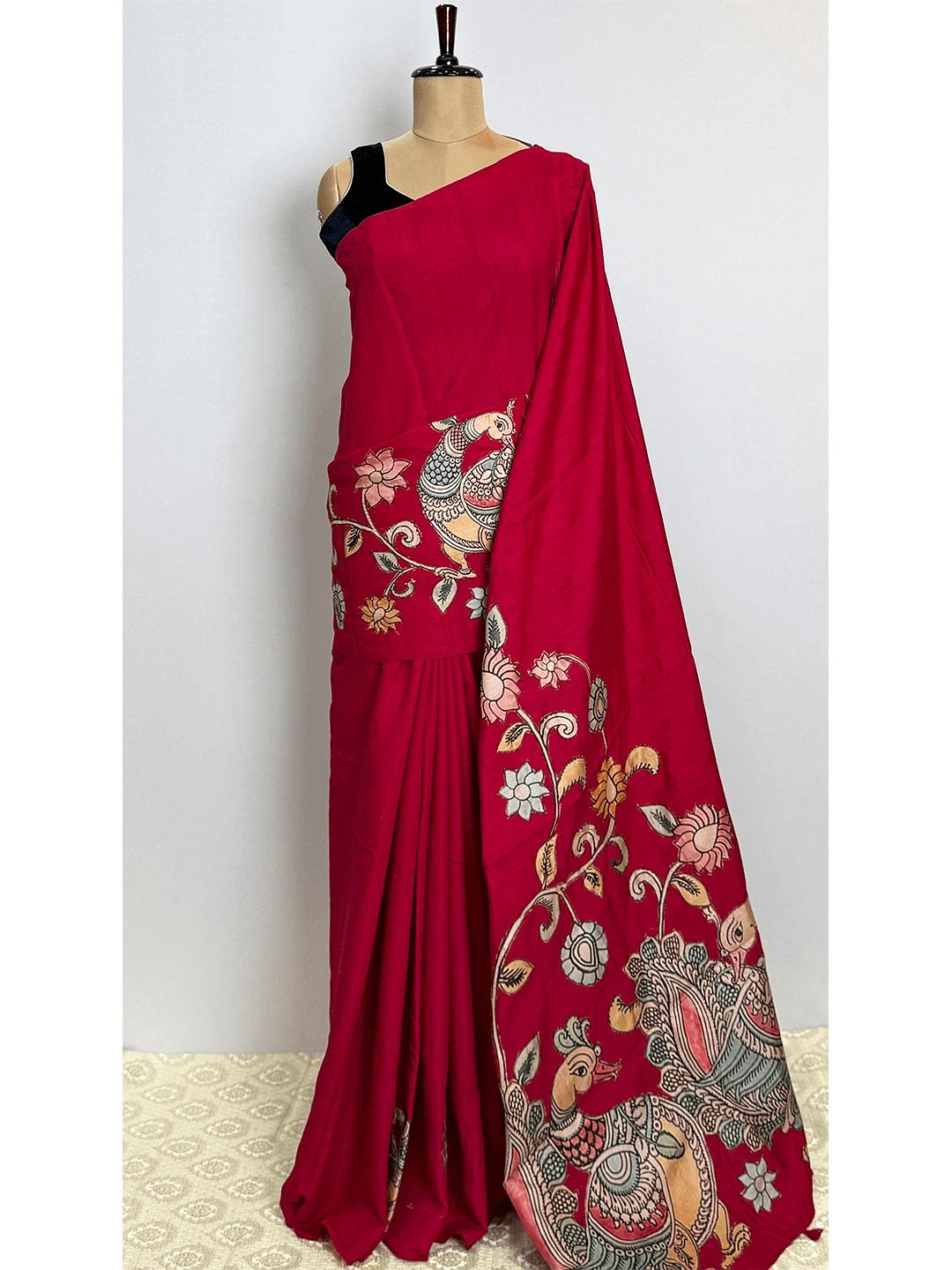 Tussar Aplic Printed Sare - Red Colour - QS242940