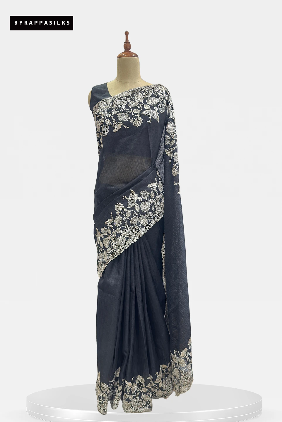 Semi Tussar Saree With Intricate Black Floral Embroidery Border QS294187