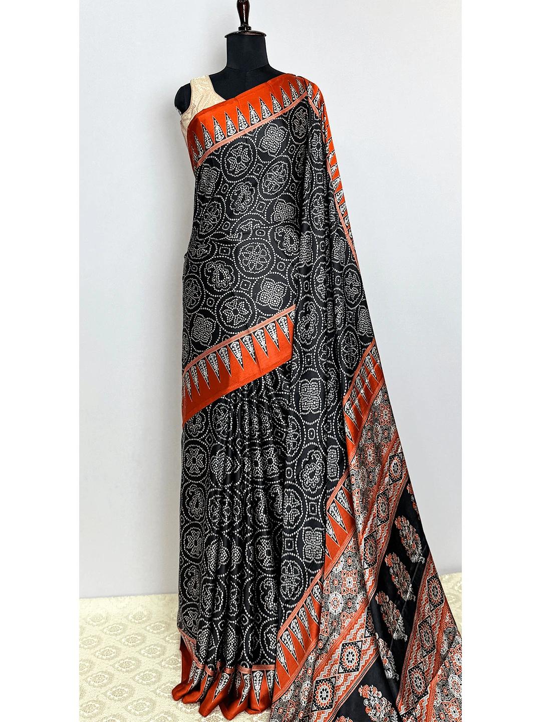Fancy Printed Saree - Black With Orange Border - QS215509