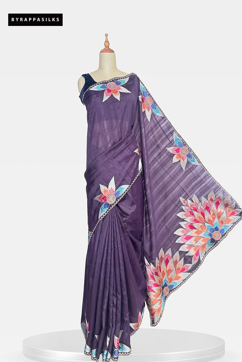Semi Tussar Saree With Floral Print Purple Colour QS286226
