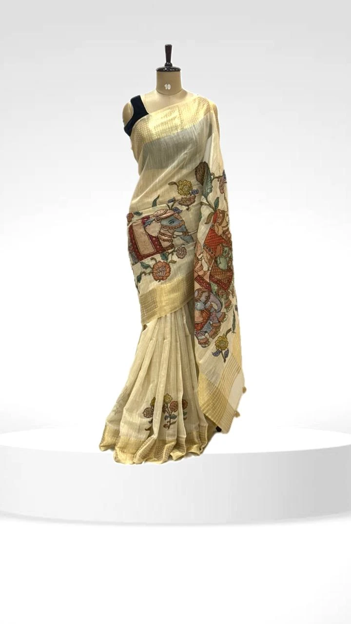 Kora Aplic Cream Saree Elephant Motif QS248952