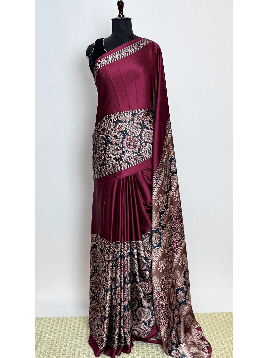 Ajrakh Printed Sarees - Maroon Colour - QS215442