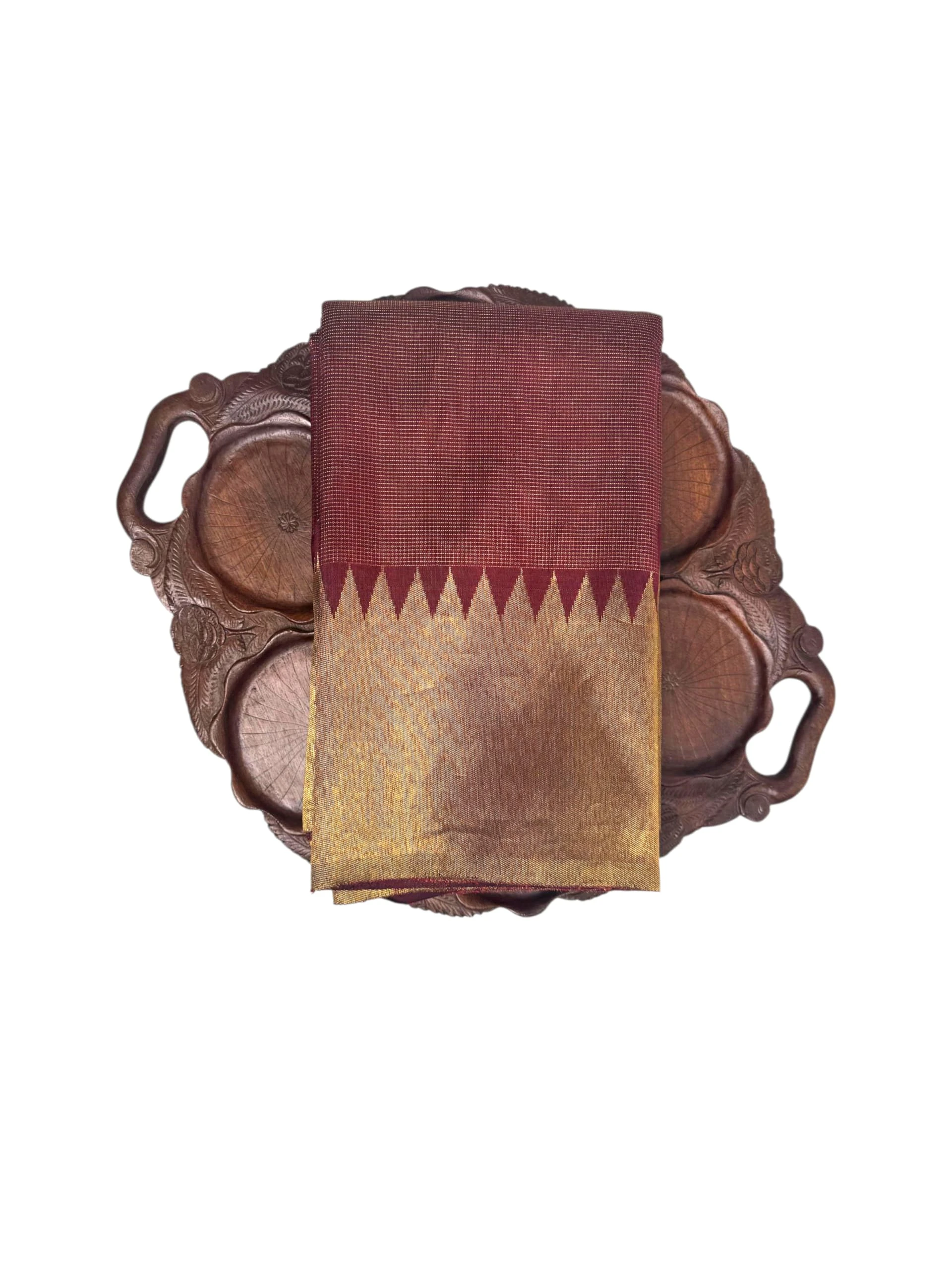 Rich Maroon Silk Saree with Chevron Temple Border and Antique Zari QA254105