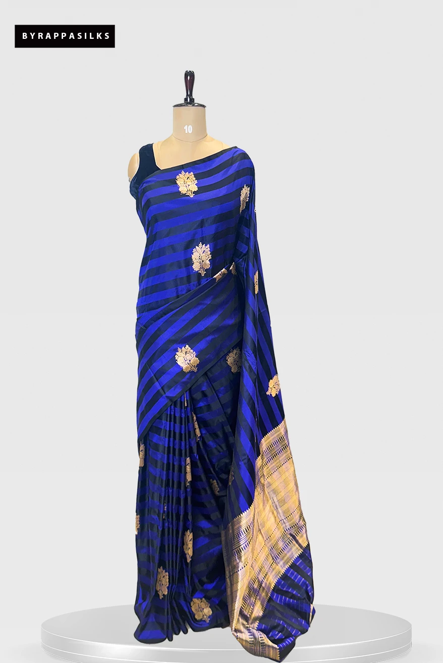Pure Satin Banarasi Royal Blue & Black Striped Saree QS279682