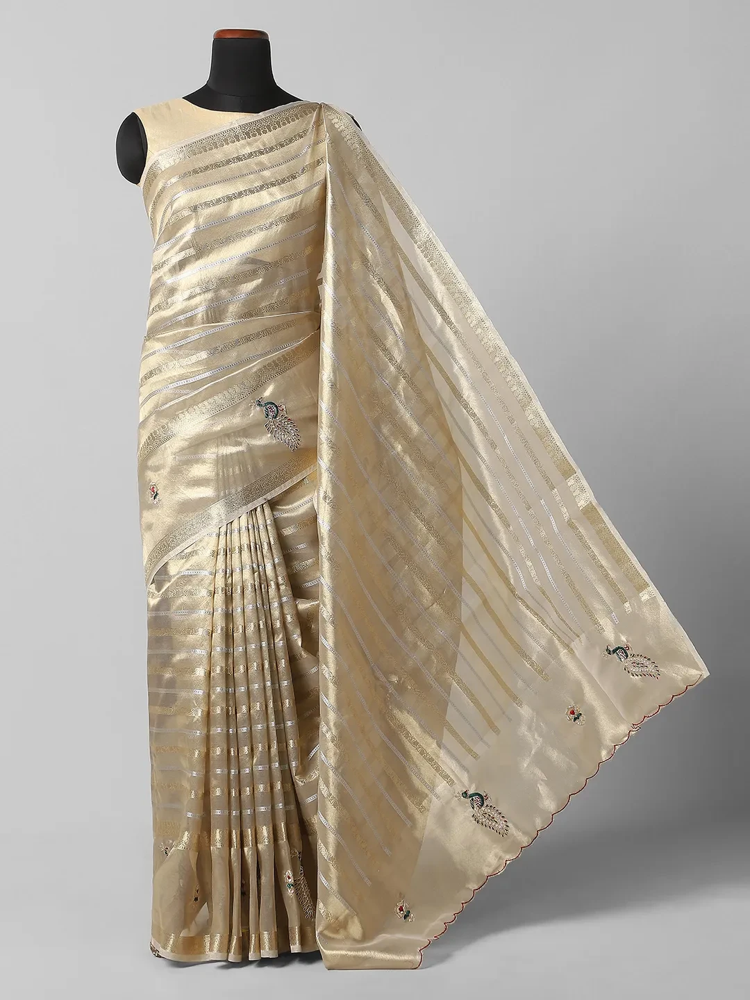 Fancy Printed Banarasi Saree -Cream Gold Colour QI202556