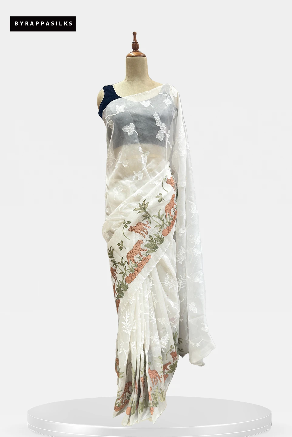 Pure Organza White Forest Leopard Motife Saree Floral Design QS289632