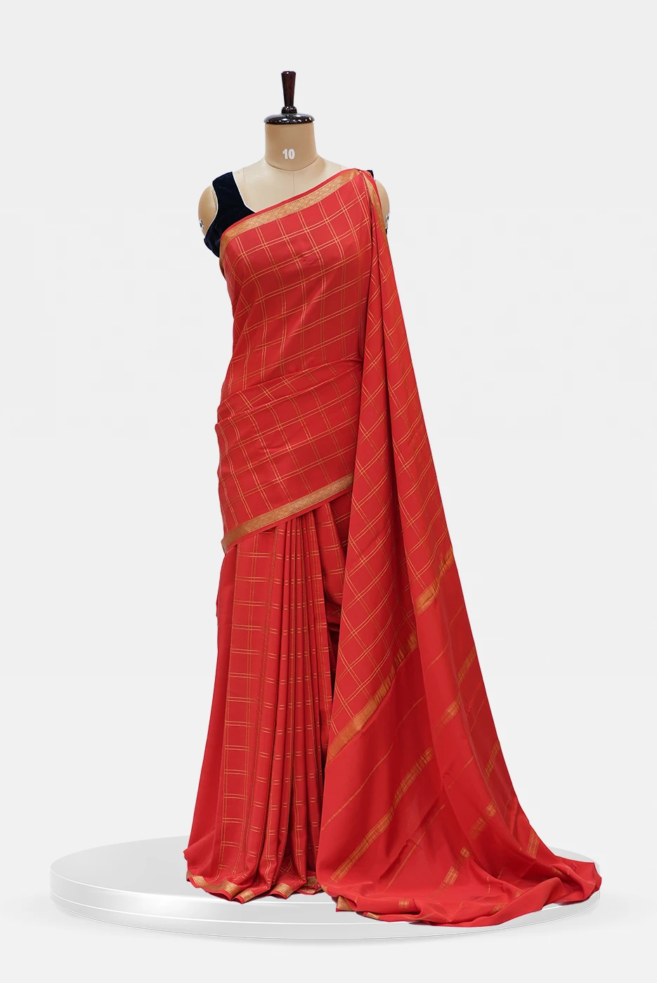 Red Pure Mysore Silk Saree with Golden Checks and Border QS251286