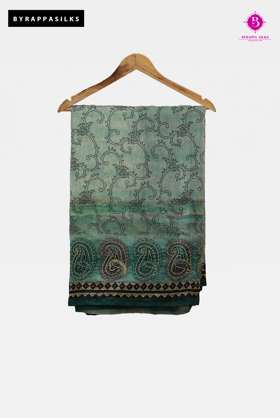 Green Embroidered Saree with Paisley Motifs QS238948