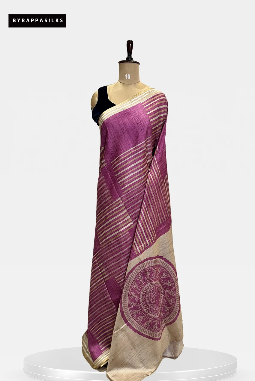 Semi Tussar Saree Diagonal Strip Design Dusty Pink QS267818