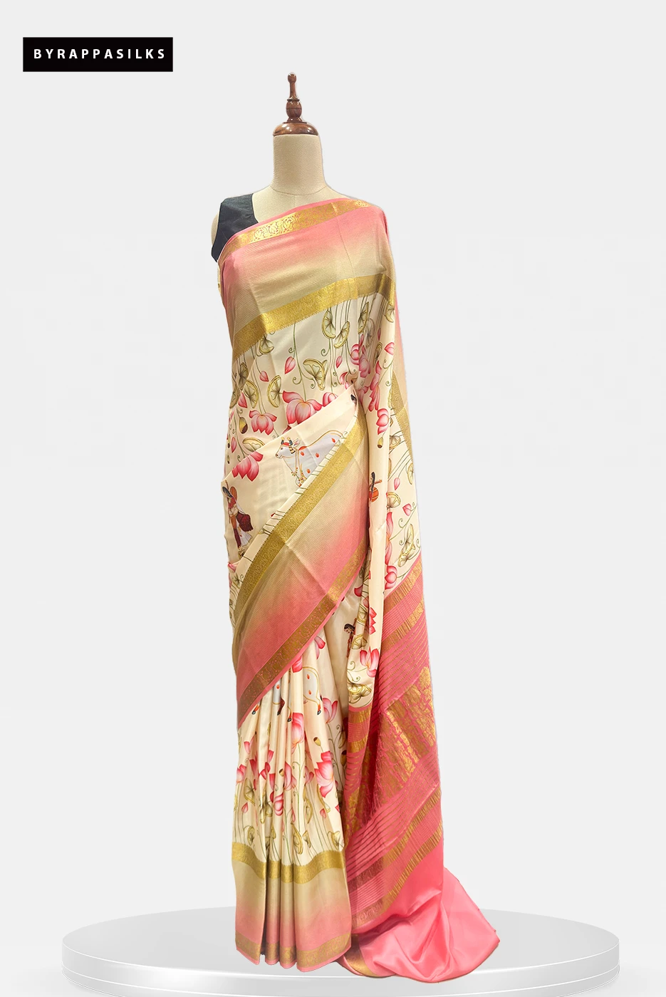Mysore Silk Pure Crape Saree Cream & Pink Pichwai Print QS290884