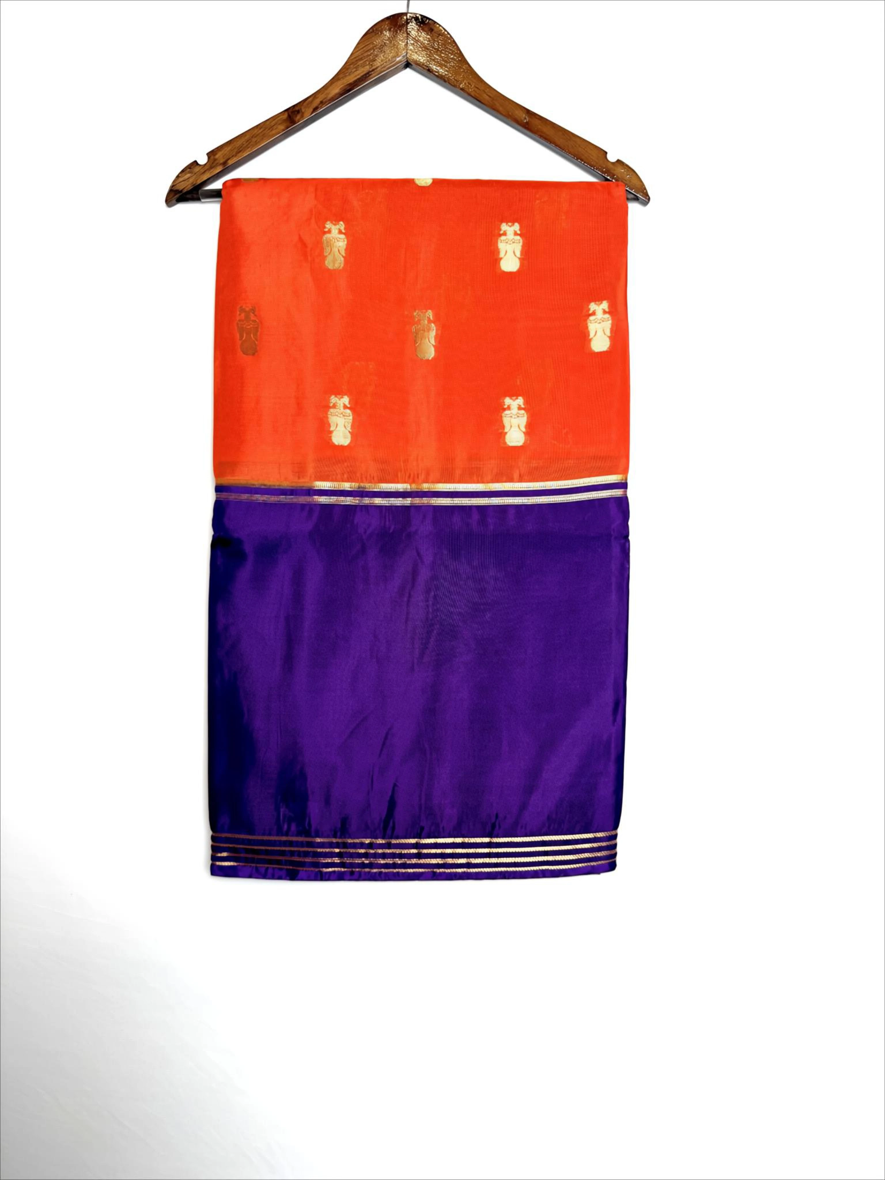 Viscose Crape With Gandaberunda Buttas Orange & Purple Saree with Gold Zari Work QW202943