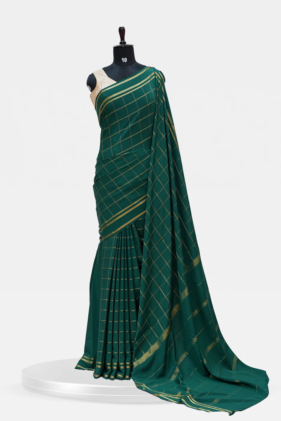 Green Pure Mysore Silk Saree with Golden Checks and Border QS251281