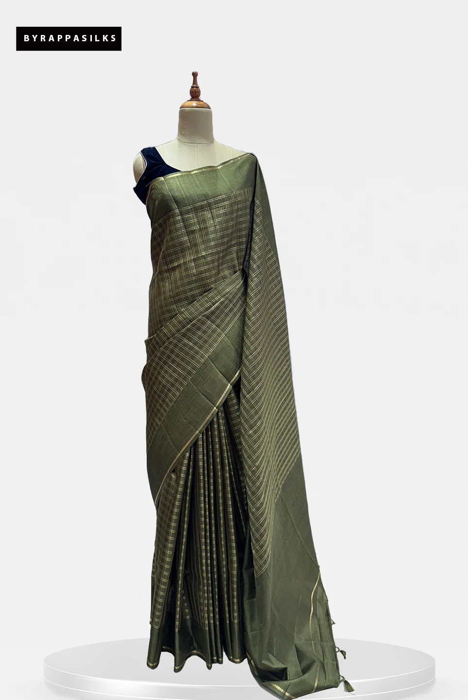 Semi Tussar Saree with Contrast Woven Check Olive Green QS268002