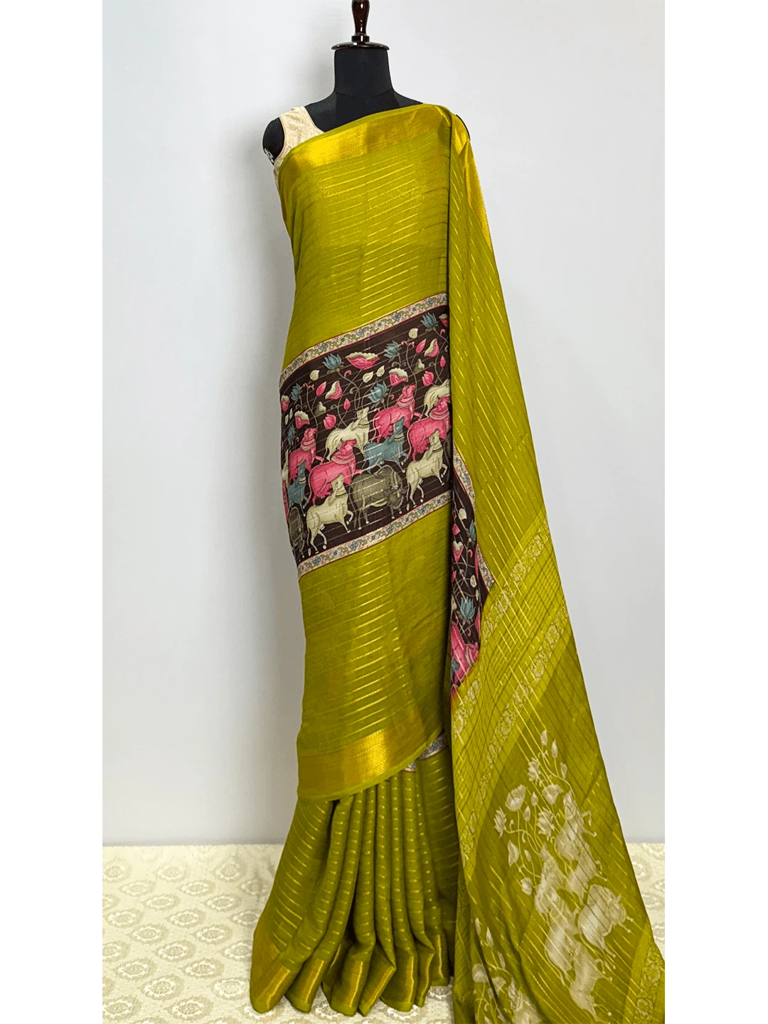 Semi-Crape Stripes & Printed Saree - Light Green Colour - QS217955