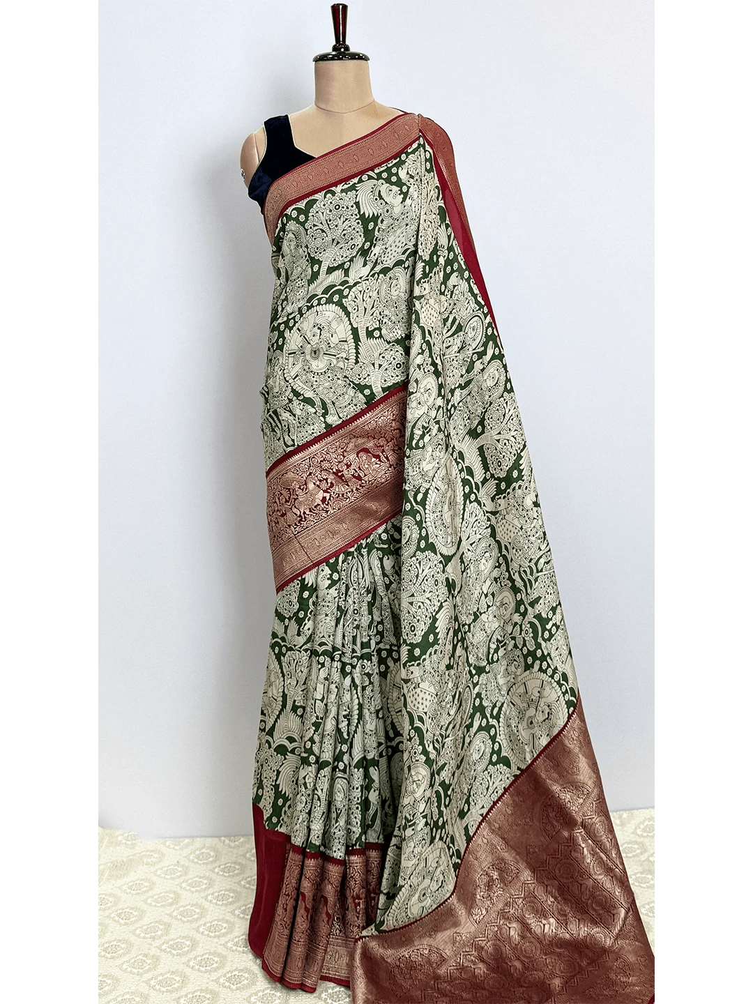 Kalamkari With Kanchi Border Saree - Green Colour - QS216010