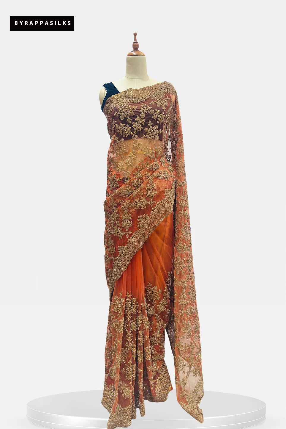 Netted Saree Heavy Work Party Wear Saree Orange QS289869