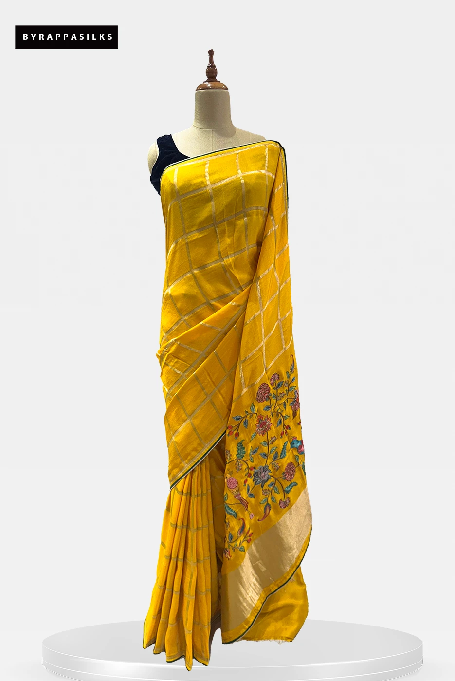 Yellow Saree Zari Checks & Floral Border QS287946